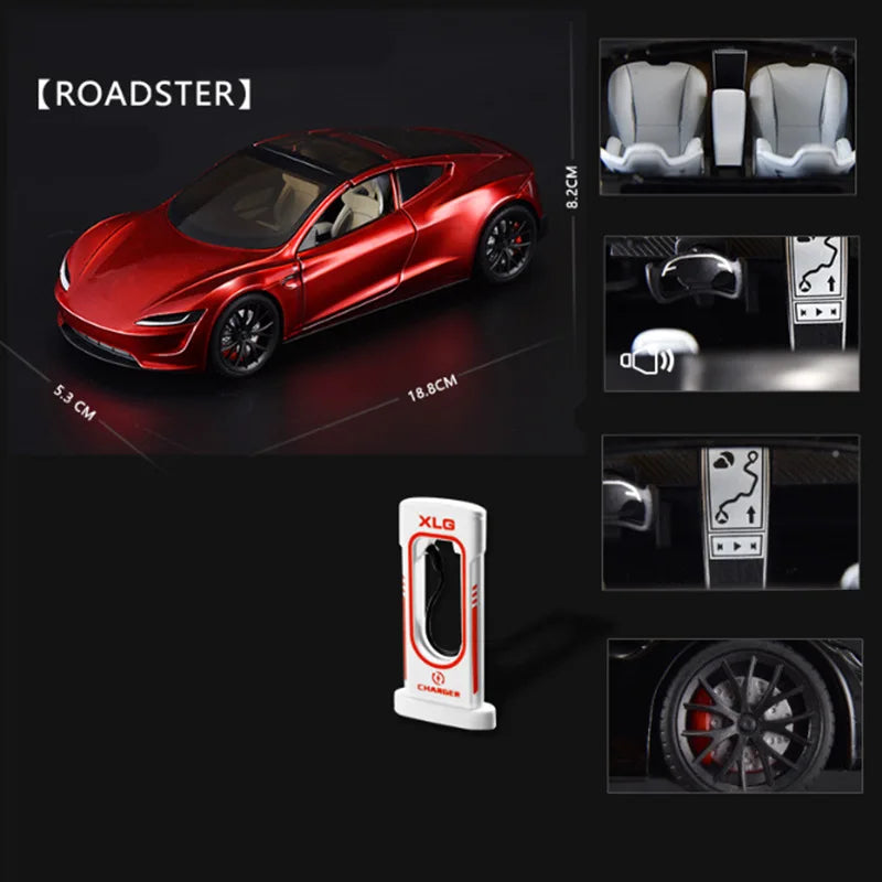 1:24 Tesla Model 3 Model Y Model X Roadster Alloy Car Model Diecast Metal Toy Vehicles Car Model Simulation Sound and Light Roadster red - IHavePaws