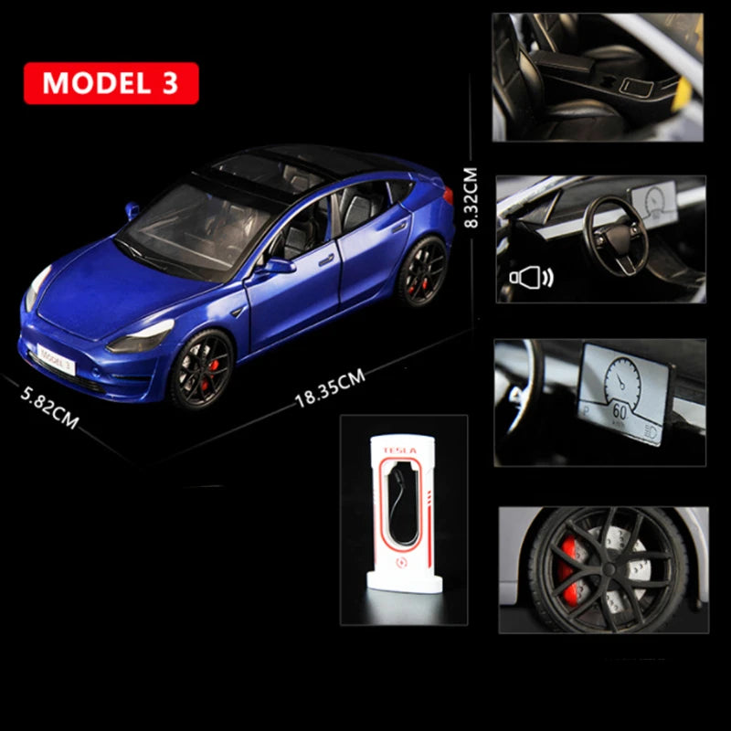 1:24 Tesla Model 3 Model Y Model X Roadster Alloy Car Model Diecast Metal Toy Vehicles Car Model Simulation Sound and Light Model 3 blue - IHavePaws