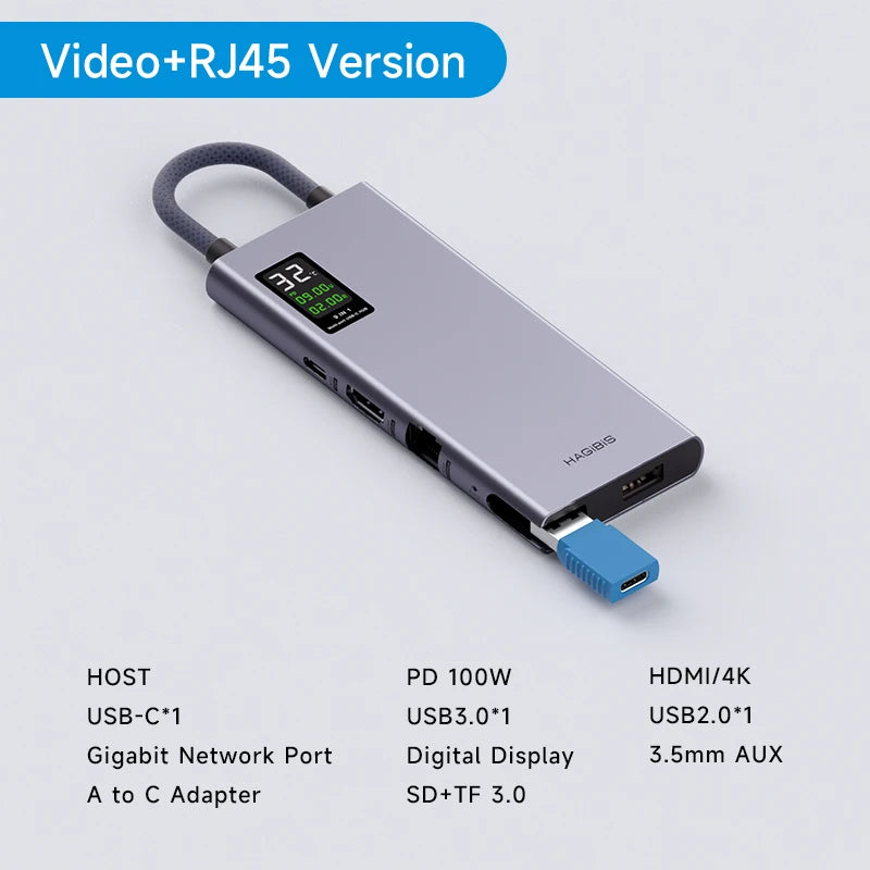 Hagibis USB C Hub With LCD Display Type C Multiport Adapter 4K HDMI-Compatible 100W PD Gigabit Ethernet For Macbook Pro iPad HP Video+RJ45 Version - IHavePaws