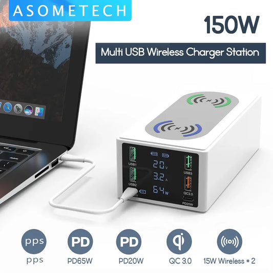 150W Type C Usb multi charger Station Qi Wireless Charger PD3.0 QC4.0 3.0 Fast Chargers For iPhone 14 13 Samsung Macbook Laptop