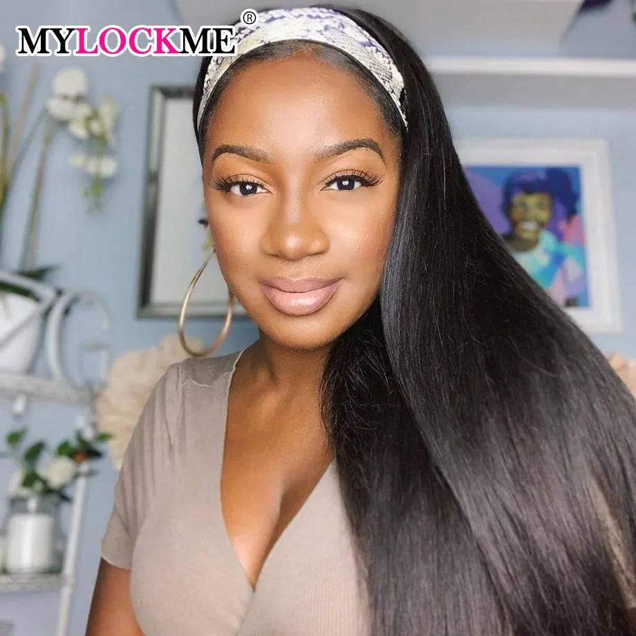 MYLOCKME Women's Headband Wig Human Hair Straight Glueless Brazilian Wigs For Black Women Remy Full Machine Made Fast Delivery