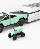 1/32 Tesla Cybertruck Pickup Trailer Alloy Car Model Diecasts Metal Toy Off-road Vehicles Truck Model Sound and Light Kids Gifts Green with motorbike - IHavePaws
