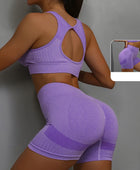 2pcs Yoga Sets Womens Outfits Peach Hip Lifting Suit Neck Hanging Sports Bra Shockproof Quick Drying Shorts Set Female Tracksuit Purple / S-M - IHavePaws