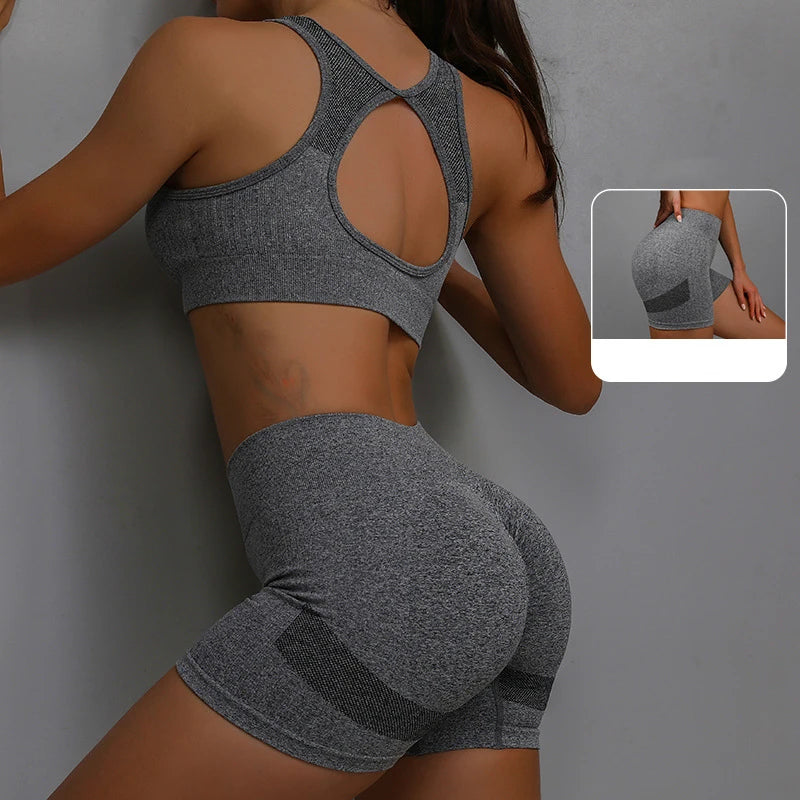 2pcs Yoga Sets Womens Outfits Peach Hip Lifting Suit Neck Hanging Sports Bra Shockproof Quick Drying Shorts Set Female Tracksuit Gray / S-M - IHavePaws