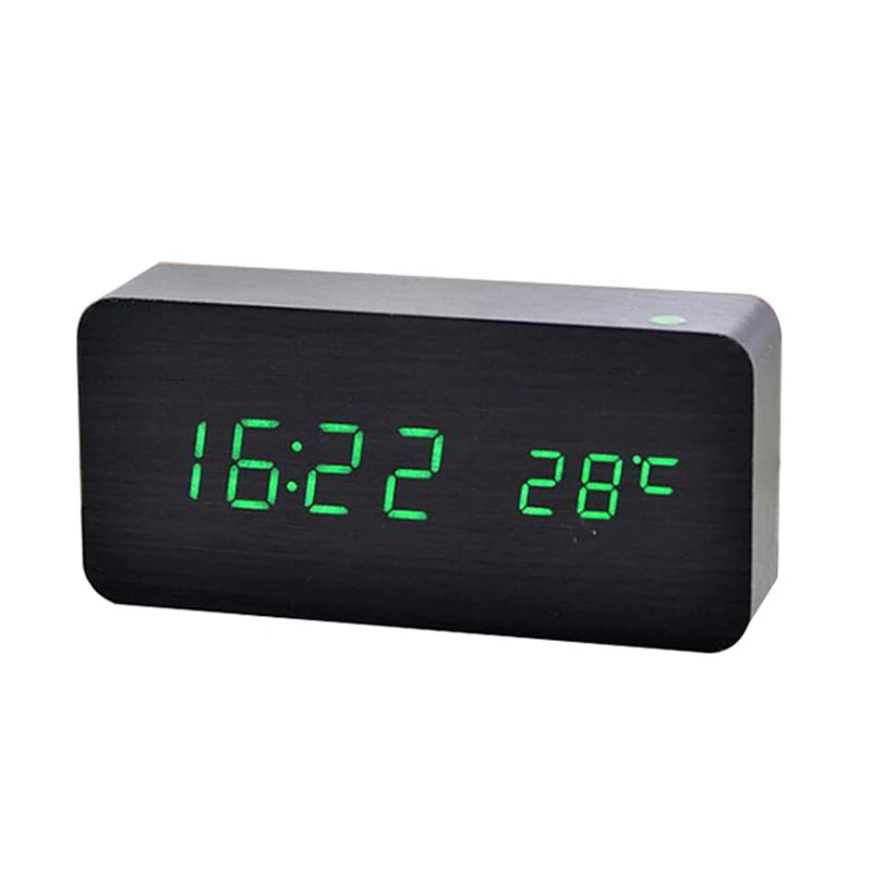 Wooden Digital Alarm Clock, LED Alarm Clock with Temperature Desk Clocks for Office,Bedside Clock Black Green-LED - IHavePaws