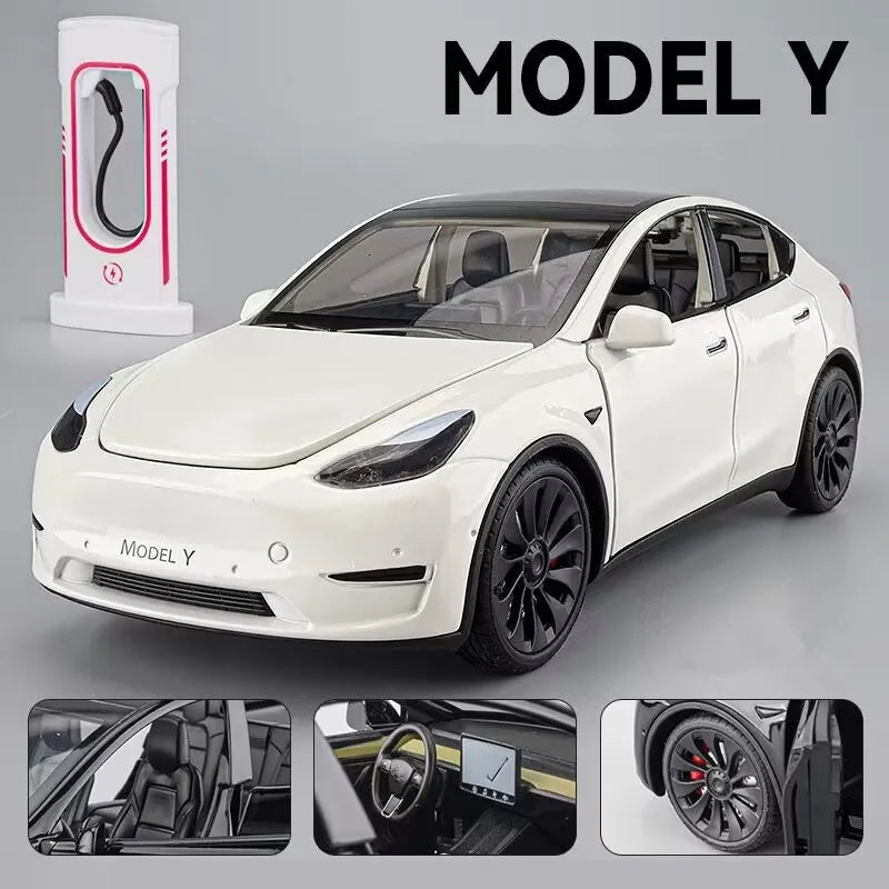 1:24 Tesla Model 3 Model Y Model X Roadster Alloy Car Model Diecast Metal Toy Vehicles Car Model Simulation Sound and Light Model Y white - IHavePaws