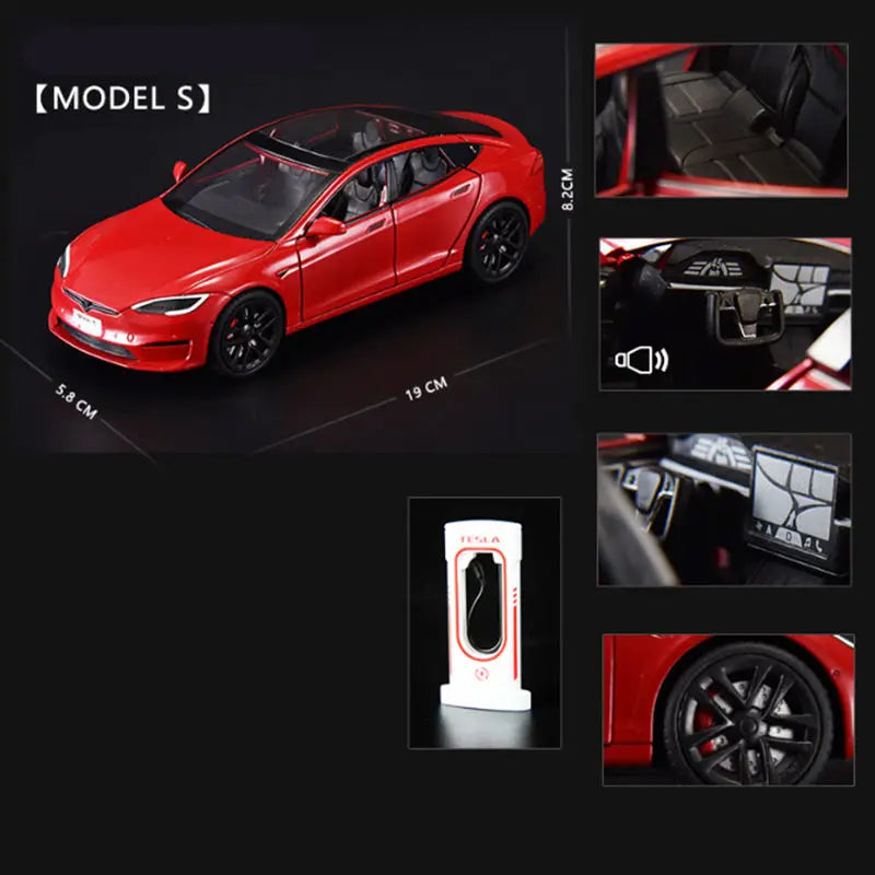 1:24 Tesla Model 3 Model Y Model X Roadster Alloy Car Model Diecast Metal Toy Vehicles Car Model Simulation Sound and Light Model S red - IHavePaws