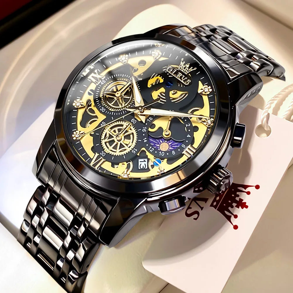 OLEVS Men's Watches Top Brand Luxury Original Waterproof Watch for Man Gold Skeleton Style all black - ihavepaws.com