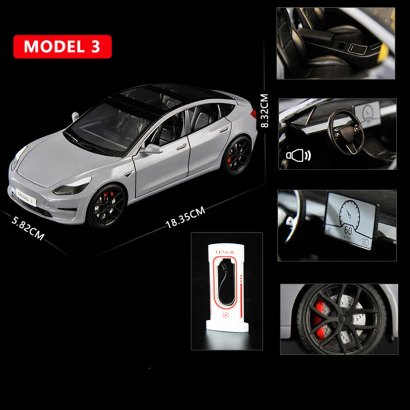 1:24 Tesla Model 3 Model Y Model X Roadster Alloy Car Model Diecast Metal Toy Vehicles Car Model Simulation Sound and Light Model 3 gray - IHavePaws