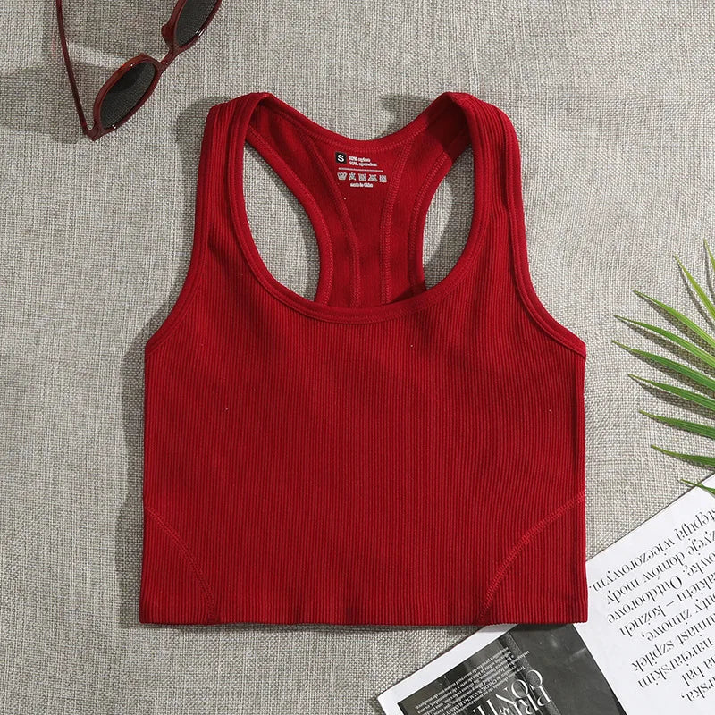 Basic Crop Tops Racerback Yoga Vest Women Gym Seamless Rib Knit Tank Tops Female Bra Without Brassiere Pad red / S - IHavePaws