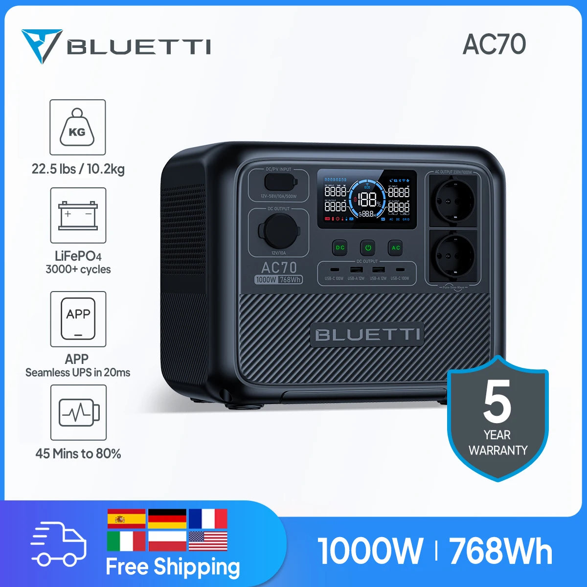 BLUETTI AC70 768Wh 1000W Portable Power Station Sloar Generator Camping Fishing Disaster Prevention Emergency RV Power Supply - IHavePaws