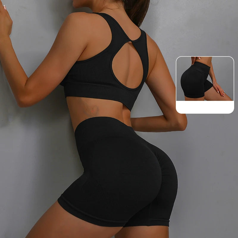 2pcs Yoga Sets Womens Outfits Peach Hip Lifting Suit Neck Hanging Sports Bra Shockproof Quick Drying Shorts Set Female Tracksuit Black / S-M - IHavePaws