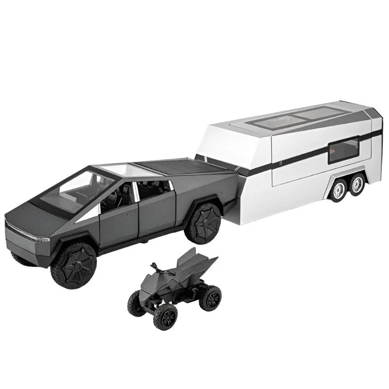 1/32 Tesla Cybertruck Pickup Trailer Alloy Car Model Diecasts Metal Off-road Vehicles Truck Model Black with motorbike - IHavePaws