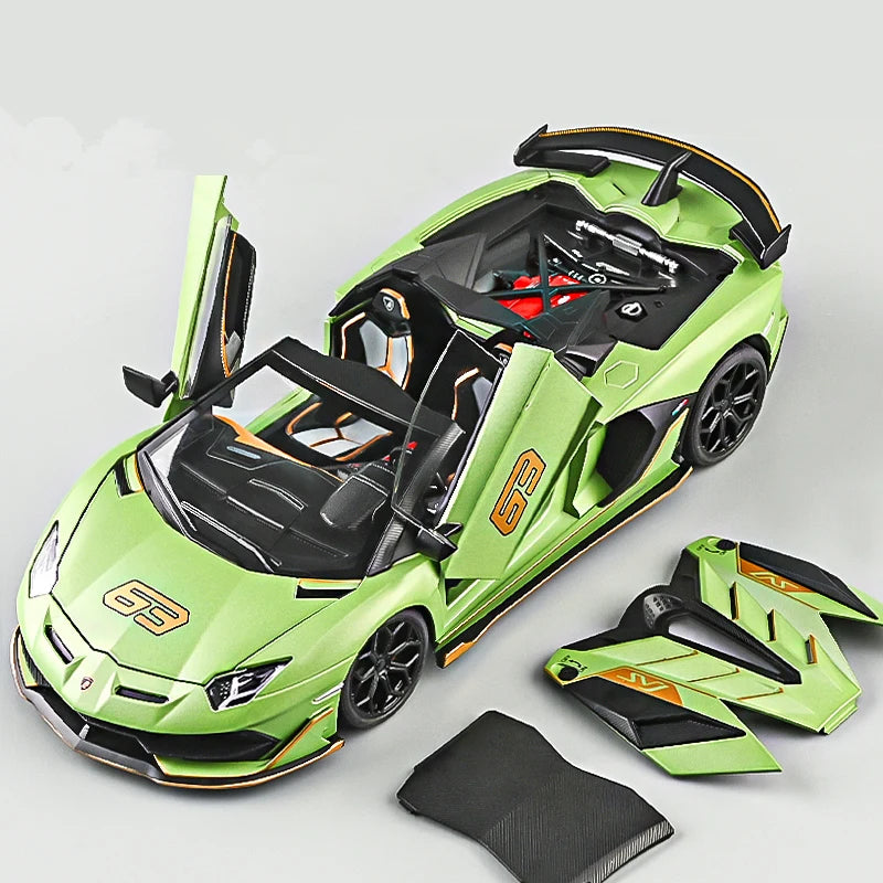 Large Size 1/18 Aventadors SVJ 63 Alloy Sports Car Model Diecast Metal Toy Racing Car Model Simulation Sound and Light Kids Gift