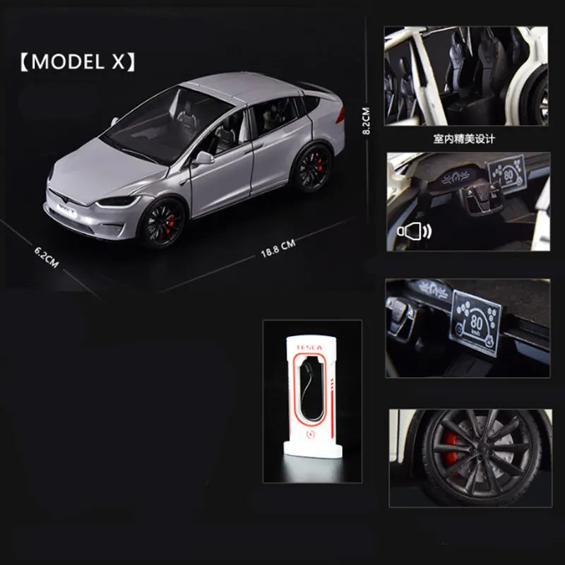 1:24 Tesla Model 3 Model Y Model X Roadster Alloy Car Model Diecast Metal Toy Vehicles Car Model Simulation Sound and Light Model X gray - IHavePaws