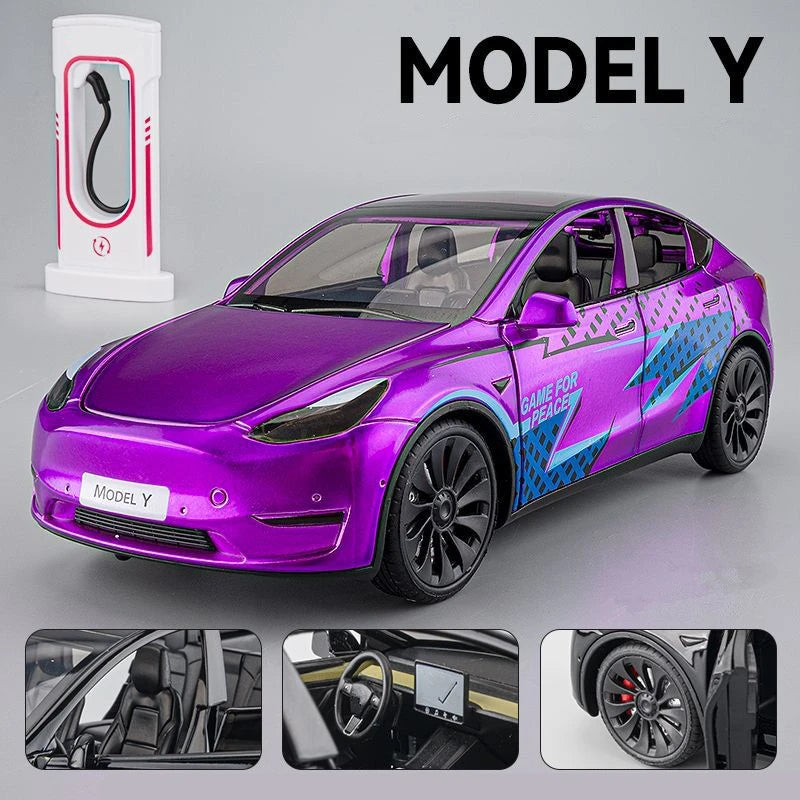 1:24 Tesla Model 3 Model Y Model X Roadster Alloy Car Model Diecast Metal Toy Vehicles Car Model Simulation Sound and Light Model Y Purple - IHavePaws