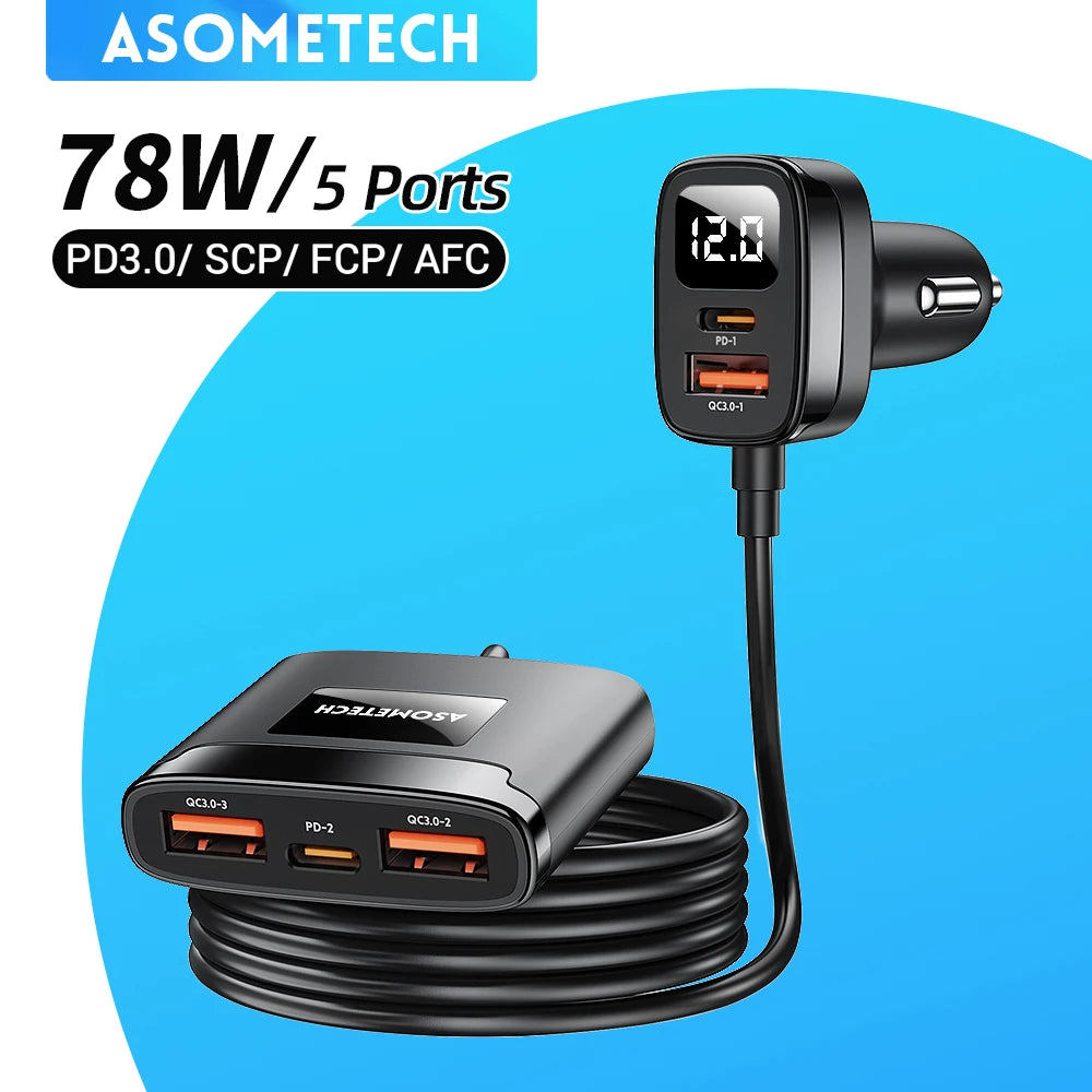 5 IN 1 Car Charger 78W PD 3.0 QC 3.0 SCP Quick Charge USB Type C Fast Car Chargers Charging For iPhone 13 14 Pro Samsung Huawei