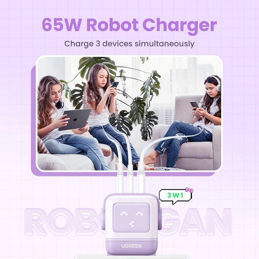 UGREEN 65W GaN Charger Robot Design Quick Charge 4.0 3.0 PPS for iPhone 15 14 13 Pro Macbook Laptop Tablet PD Fast Charger - IHavePaws