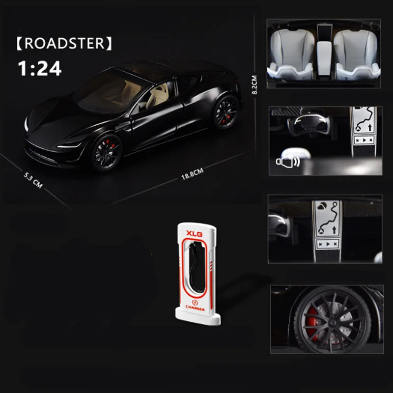 1:24 Tesla Model 3 Model Y Model X Roadster Alloy Car Model Diecast Metal Toy Vehicles Car Model Simulation Sound and Light Roadster black - IHavePaws