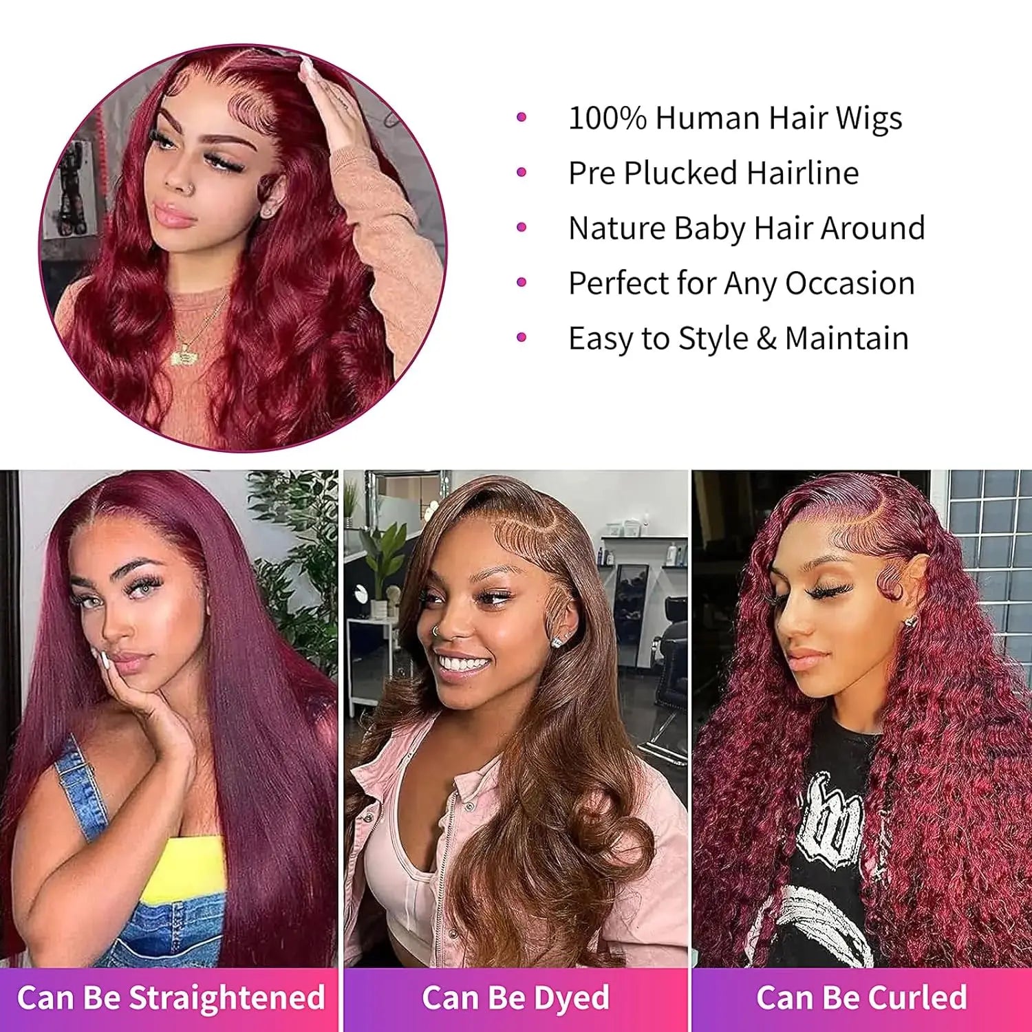 Burgundy Lace Front Wigs Human Hair, Human Hair Wig Glueless Pre Plucked Body Wave Lace Fornt Wigs Human Hair for Black Women