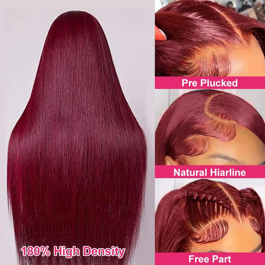 Silky Straight 99J Burgundy 13X6 HD Lace Front Human Hair Wigs 180 Density 26 28 30 Inch Red Colored Glueless Wig Pre-plucked