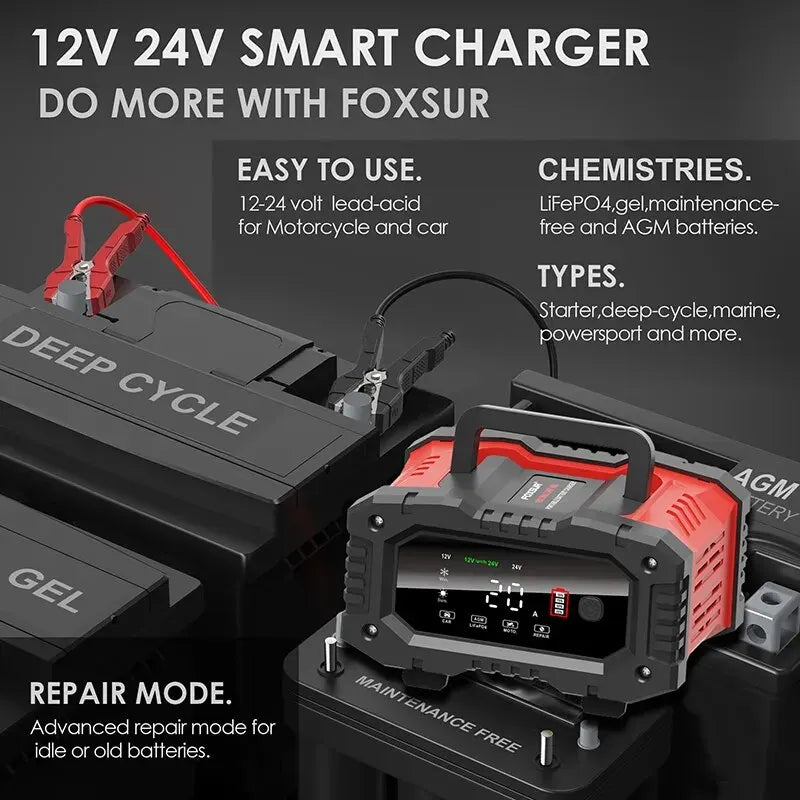 20A/10A Car Motorcycle Battery Charger 12V/24V Smart Charger Lithium AGM GEL Lead-Acid LiFePO4 - IHavePaws