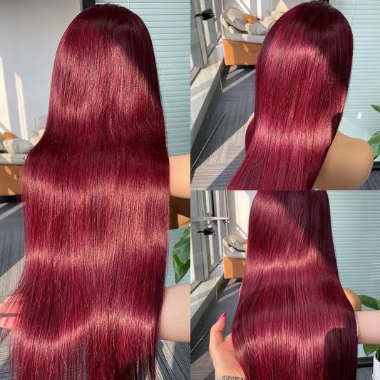 99J Red 13X6 Lace  Human Hair Wigs Colored Straight Burgundy 13X4 Transparent Lace Frontal 5X5 Glueless Wigs for Women