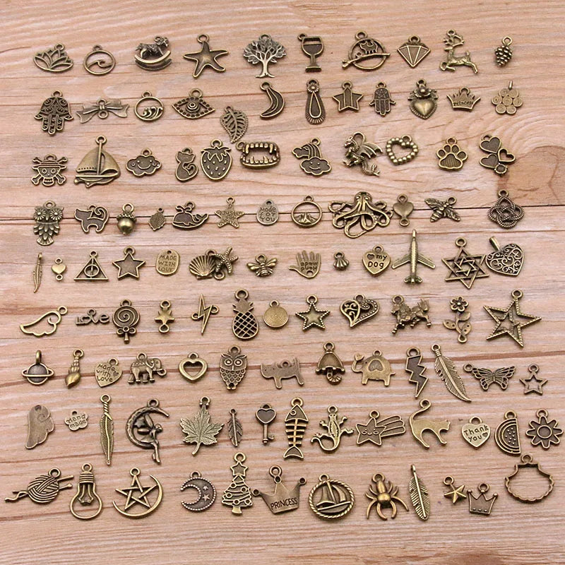 100Pcs 100 Styles 2 Color Leaves Heart Plant Animal Letter Charms Pendants DIY Jewelry For Necklace Bracelet Making Accessories 100 style-Bronze - IHavePaws