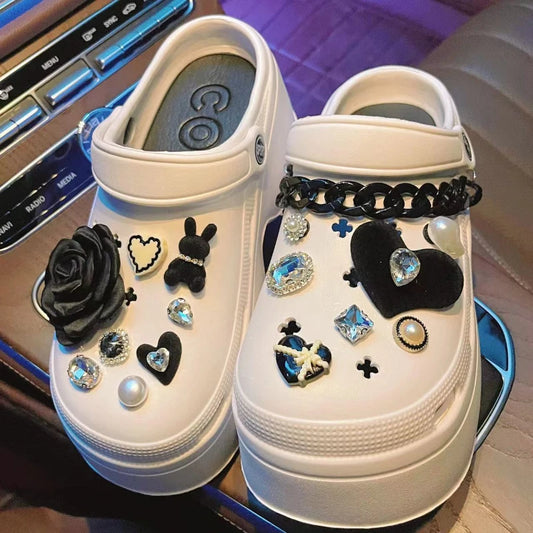 DIY 3D Black Rose Diamond Shoe Charms for Crocs Clogs Slides Sandals Garden Shoes Decorations Charm Set Accessories Kids Gifts A-16PCS - IHavePaws