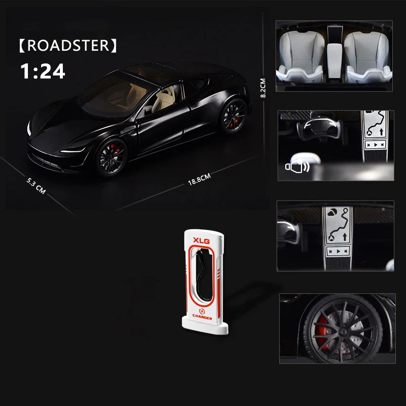 1:24 Tesla Model Y Model 3 Tesla Model S Alloy Die Cast Toy Car Model Sound and Light Roadster Black - IHavePaws