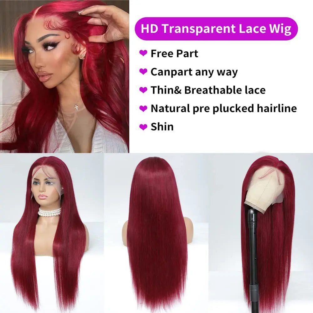 Silky Straight 99J Burgundy 13X6 HD Lace Front Human Hair Wigs 180 Density 26 28 30 Inch Red Colored Glueless Wig Pre-plucked