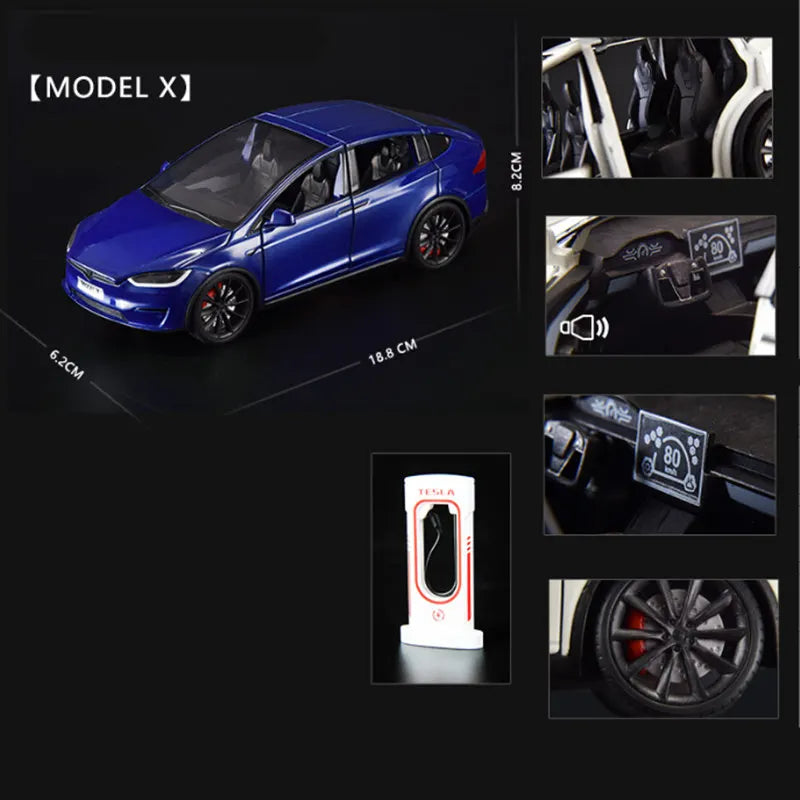 1:24 Tesla Model 3 Model Y Model X Roadster Alloy Car Model Diecast Metal Toy Vehicles Car Model Simulation Sound and Light Model X blue - IHavePaws
