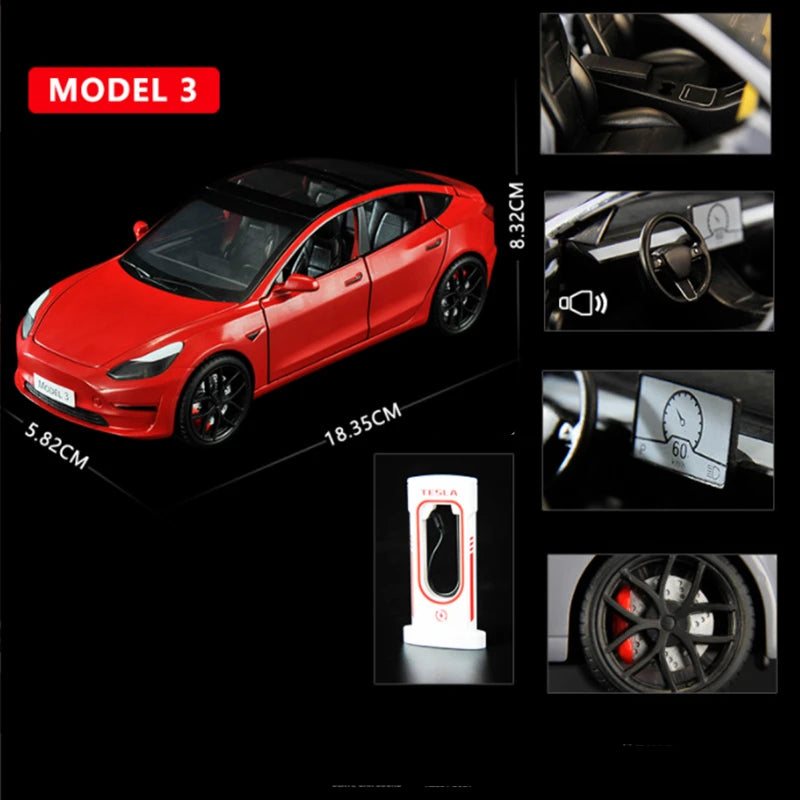 1:24 Tesla Model 3 Model Y Model X Roadster Alloy Car Model Diecast Metal Toy Vehicles Car Model Simulation Sound and Light Model 3 red - IHavePaws