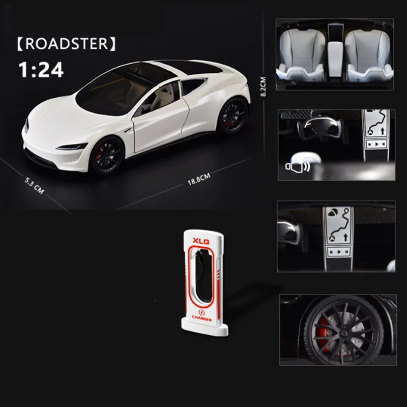 1:24 Tesla Model 3 Model Y Model X Roadster Alloy Car Model Diecast Metal Toy Vehicles Car Model Simulation Sound and Light Roadster white - IHavePaws