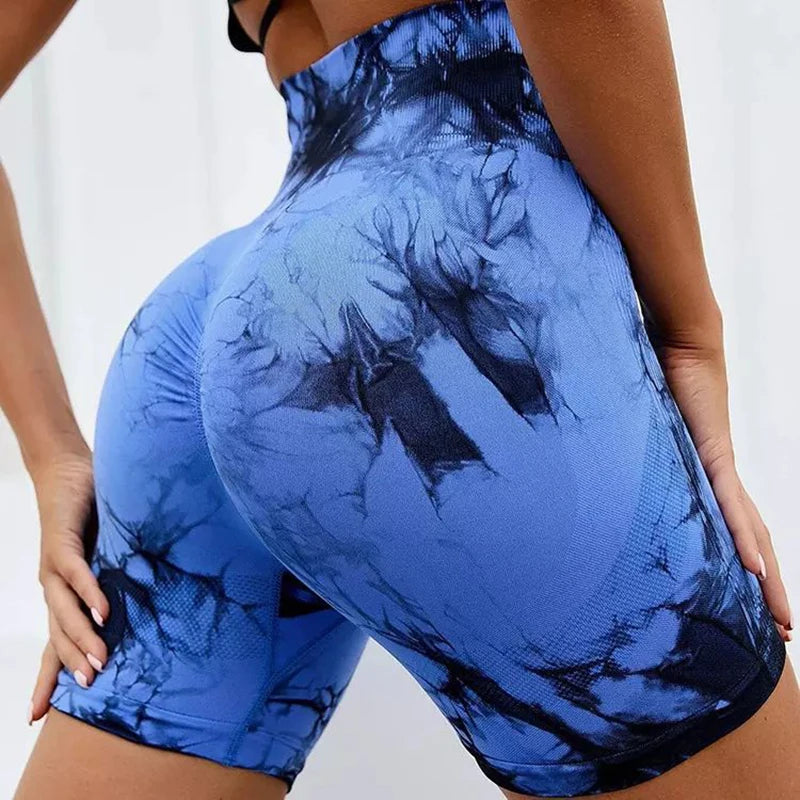 New Seamless Tie Dye Push Up Yoga Shorts For Women High Waist Summer Fitness Workout Running Cycling Sports Gym Shorts Mujer Black Blue / S - ihavepaws.com