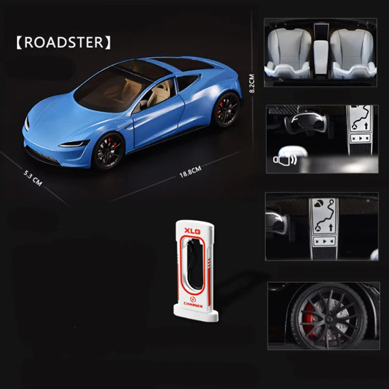 1:24 Tesla Model 3 Model Y Model X Roadster Alloy Car Model Diecast Metal Toy Vehicles Car Model Simulation Sound and Light Roadster blue - IHavePaws