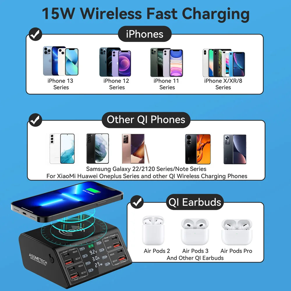 100W QC PD3.0 USB Charger Wireless Chargers Quick Charge 8 Port Charger Fast Charger Charging Station  For IPhone 12 13 Xiaomi