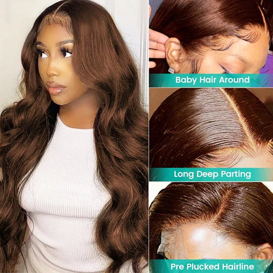 HD Chocolate Brown 13X4 Body Wave Lace Front Wig 28 30 32 Inch Brazlian Human Hair Wigs Dark Brown Transparent Lace Frontal Wig