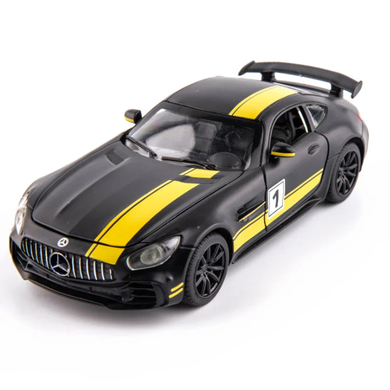 1/32 Benz-GT GTR Alloy Racing Car Model Diecast Metal Sports Car Model High Simulation Sound and Light Collection Kids Toy Gift Black with yellow - IHavePaws