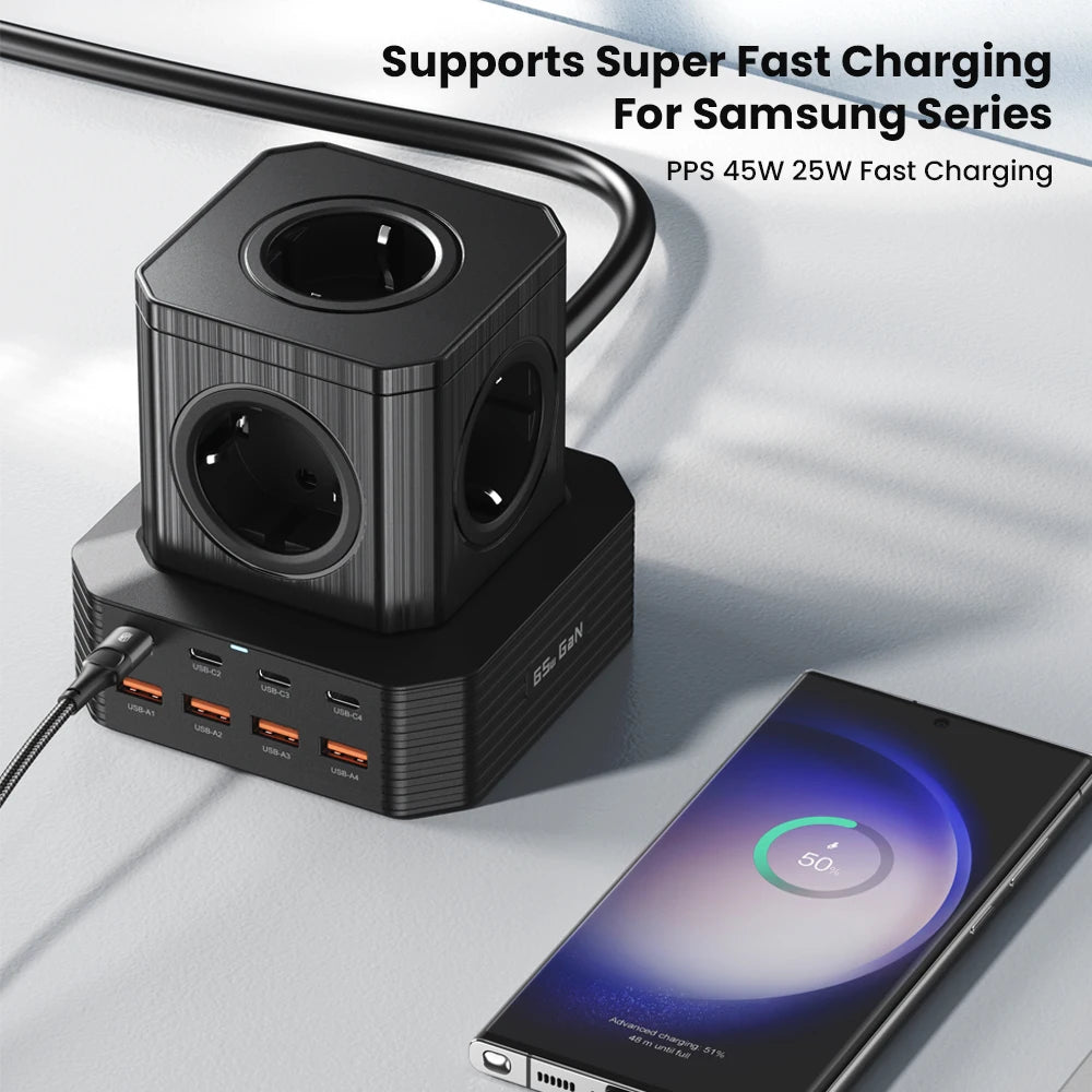 65W Fast Charging Station 13-Port GaN USB C Charger Socket Power Strip Surge Protector Fast Charging Desktop Outlet Extender