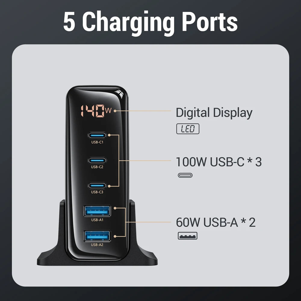 140W GaN USB Charger Multi-Port USB Charging Station Quick Charge PD PPS Fast Charging for IPhone 14 13 Xiaomi Samsung MacBook
