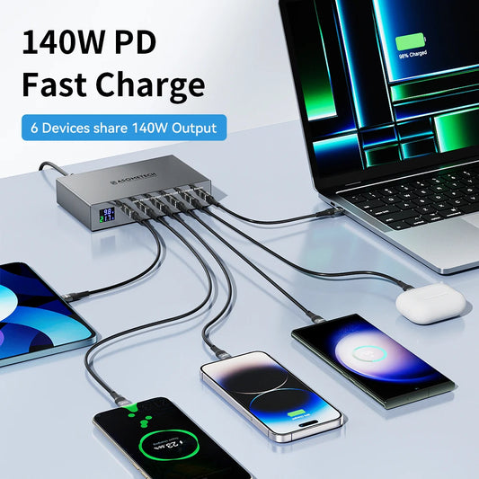 140W 6 Ports PD Fast Charger 30W Multi USB-C Fast Charging Station with LED Display for IPhone 14 13 Pro Max Samsung Xiaomi Ipad - IHavePaws