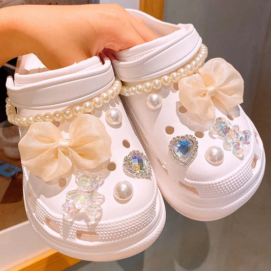 Shoe Charms for Crocs DIY Bow Pearl Garden Shoe Set Accessories Decoration Buckle for Croc Shoe Charm Kids Party Girls Gift B - IHavePaws
