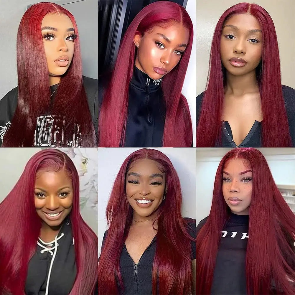 Silky Straight 99J Burgundy 13X6 HD Lace Front Human Hair Wigs 180 Density 26 28 30 Inch Red Colored Glueless Wig Pre-plucked