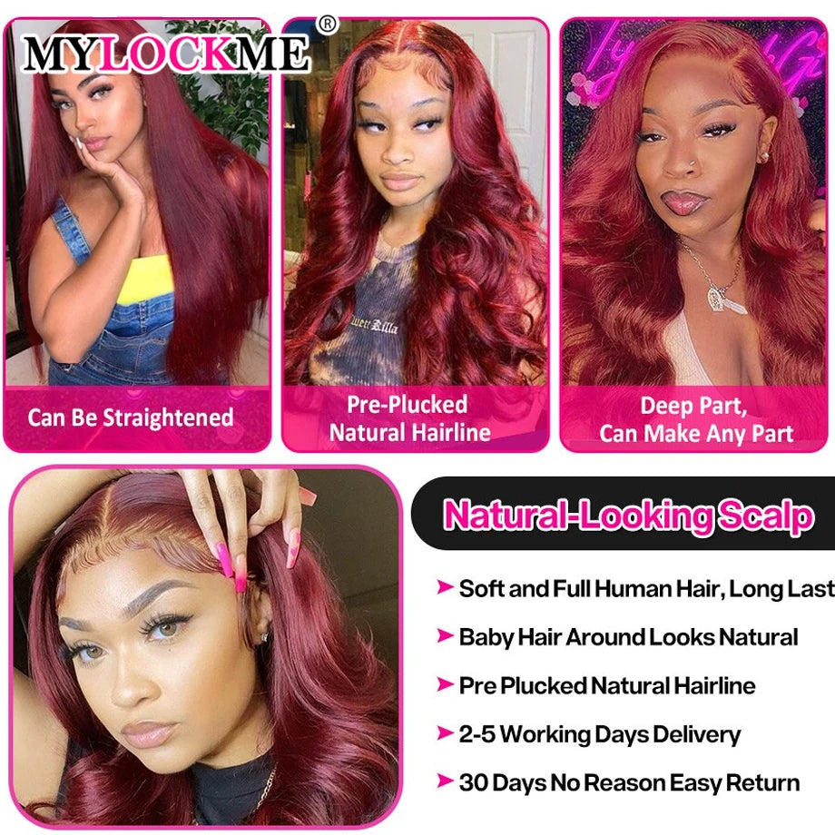 Burgundy 13X4 Lace Front Human Hair Wigs Transparent Lace Body Wave Lace Frontal Wig For Women 4X4 Closure Wig Remy Wig MYLOCKME