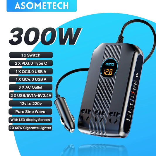 300W Universal Power Inverter 12v 220v Pure Sine Wave Converter Car Charger 6 USB  QC 3.0/4.0 PD 3.0 Fast Charging Power Adapter