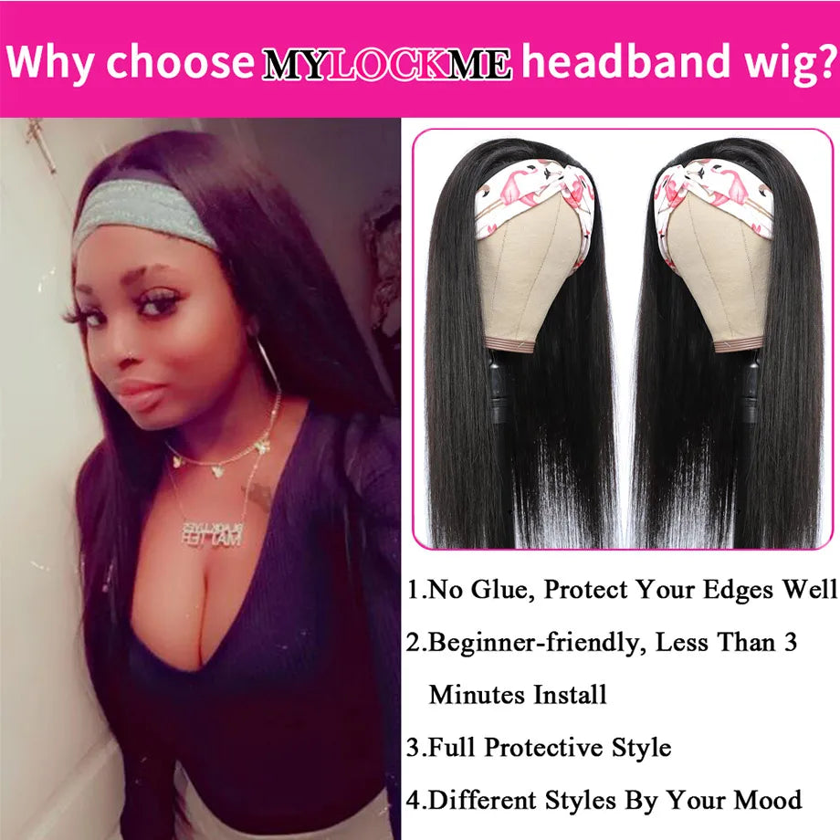 MYLOCKME Women's Headband Wig Human Hair Straight Glueless Brazilian Wigs For Black Women Remy Full Machine Made Fast Delivery