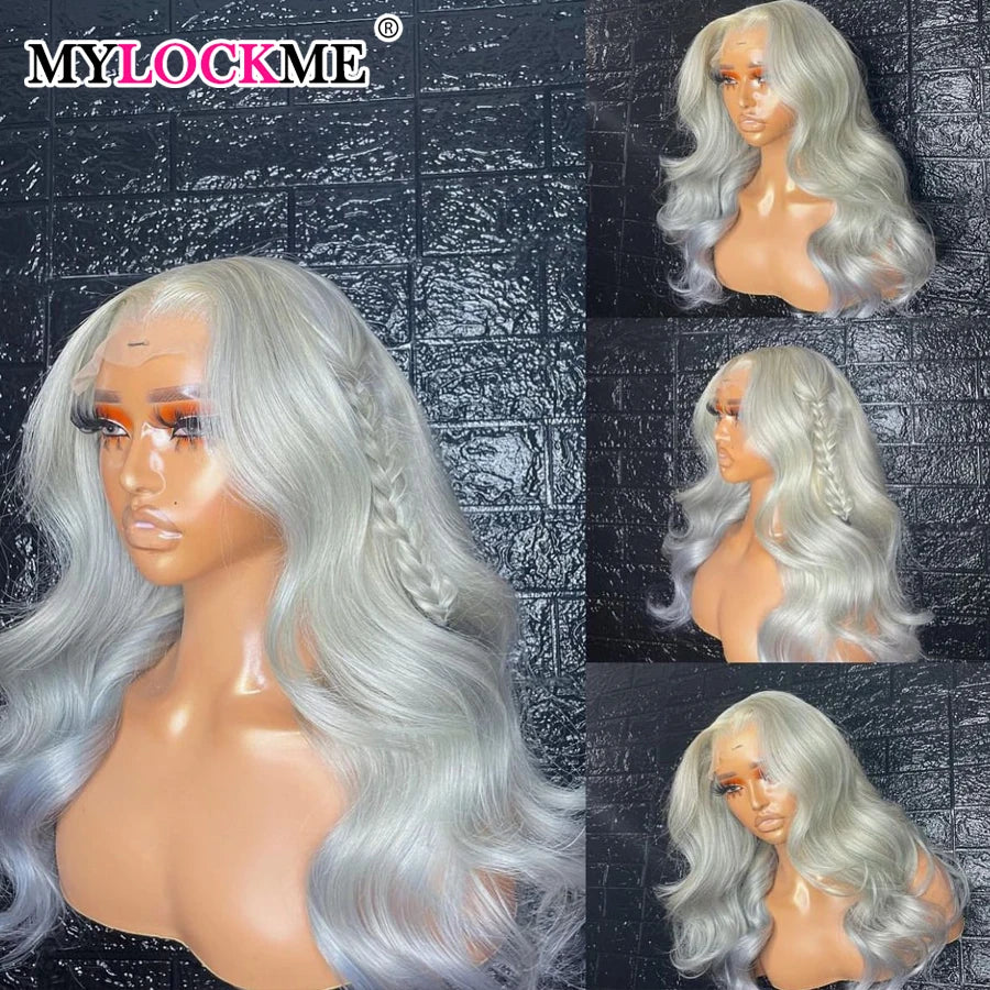 Silver Gray Lace Front Human Hair Wigs Transparent 13x4 Lace Wig Body Wave Lace Frontal Wig For Women Remy Wig MYLOCKME