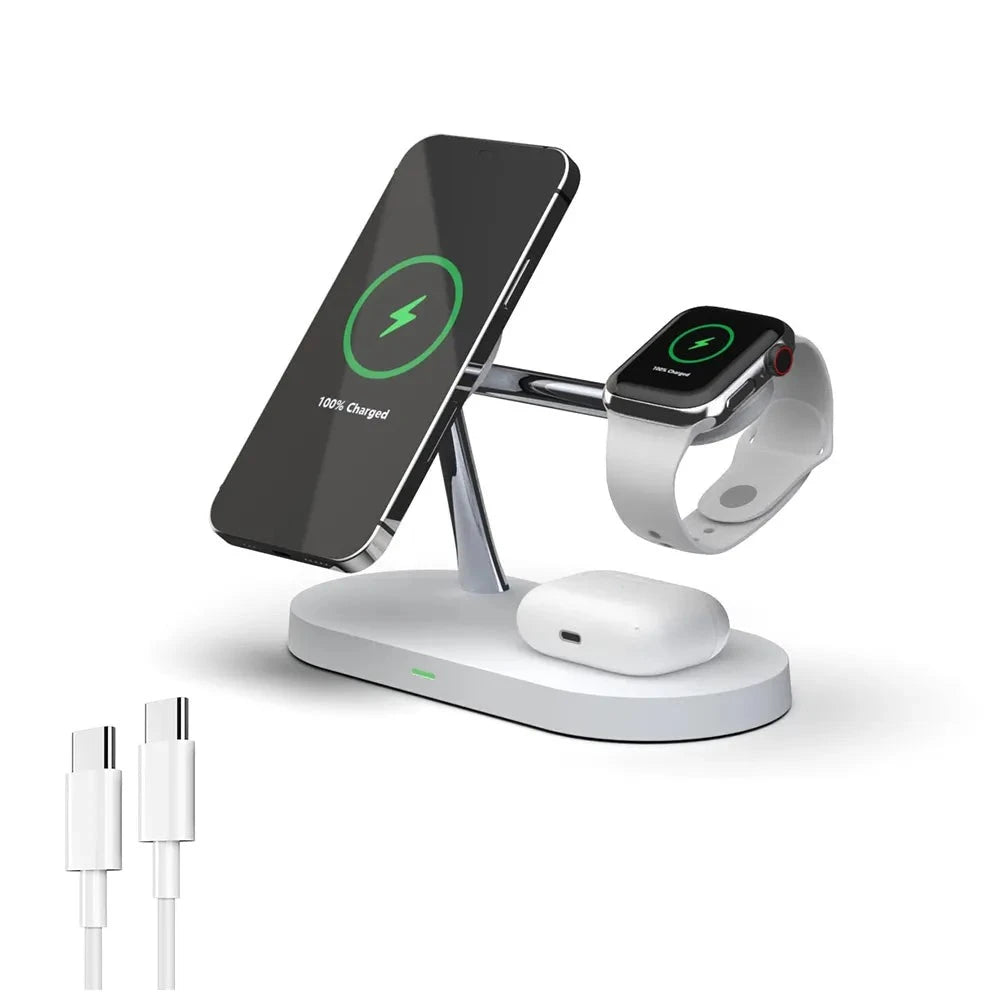 3 in 1 Wireless Charger Stand Magnetic For iPhone 12 13 14 15 Fast Charging Station for Apple Watch 9 8 7 6 5 Airpods 2 3 Pro White - IHavePaws