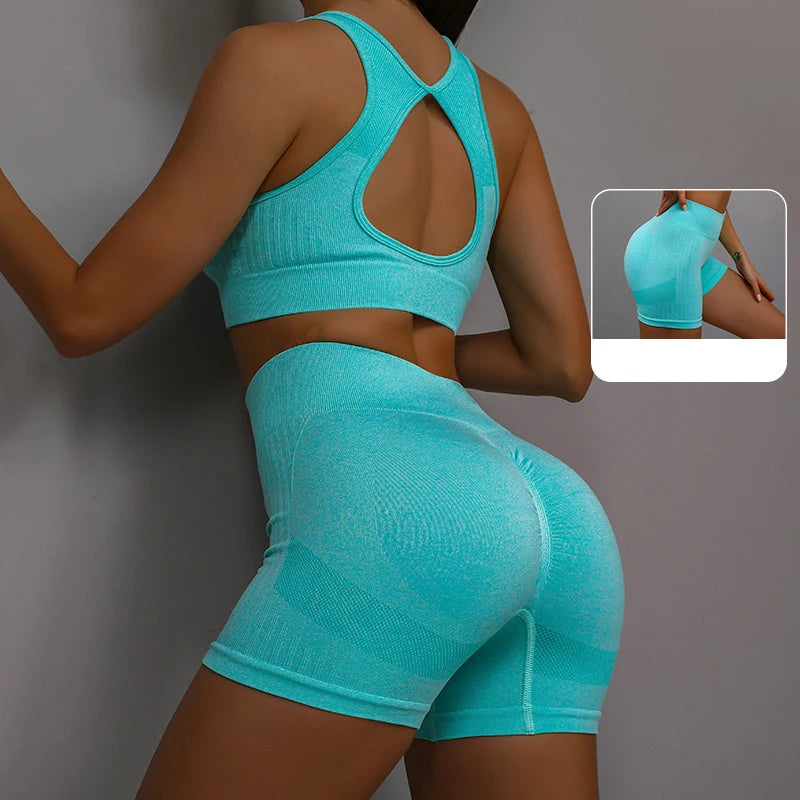 2pcs Yoga Sets Womens Outfits Peach Hip Lifting Suit Neck Hanging Sports Bra Shockproof Quick Drying Shorts Set Female Tracksuit Water blue / S-M - IHavePaws
